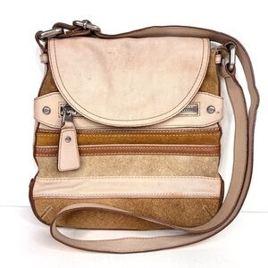 Vintage Fossil Brown, Tan and Cream Suede Leather Retro 70’s Crossbody Bag